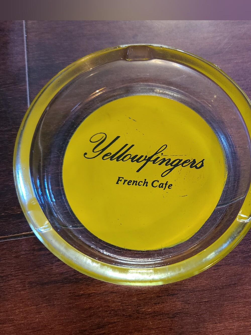 Vintage Yellowfingers French Cafe Ashtray California Mid Century Glass 3.75"